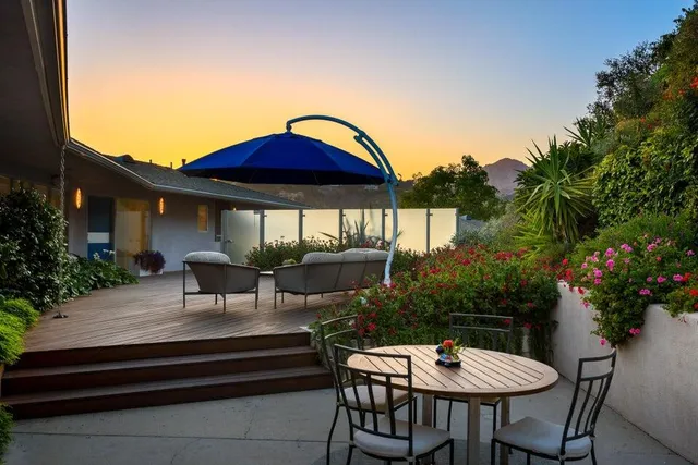 a backyard of a house with table and chairs