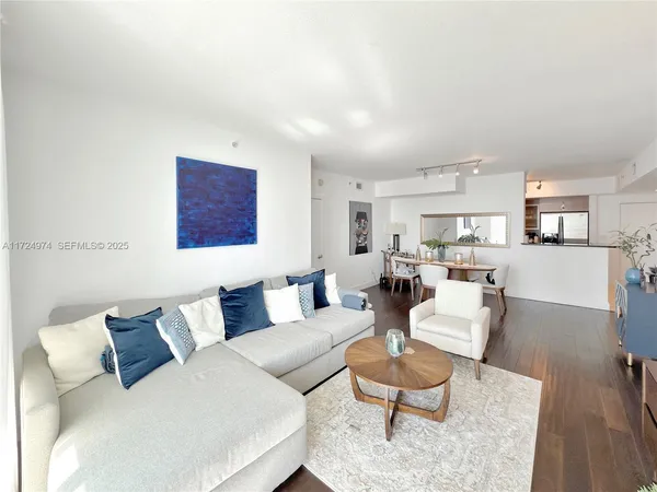 a living room with furniture or kitchen view and a wooden floor