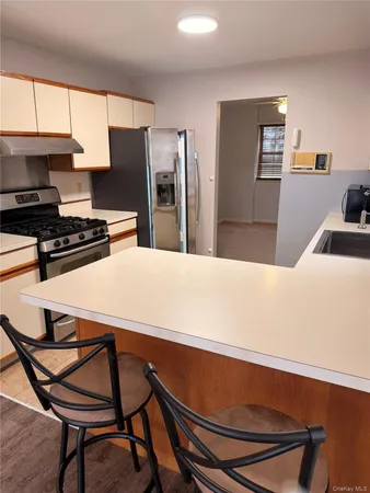 a kitchen with stainless steel appliances a stove a refrigerator and a sink with wooden cabinets