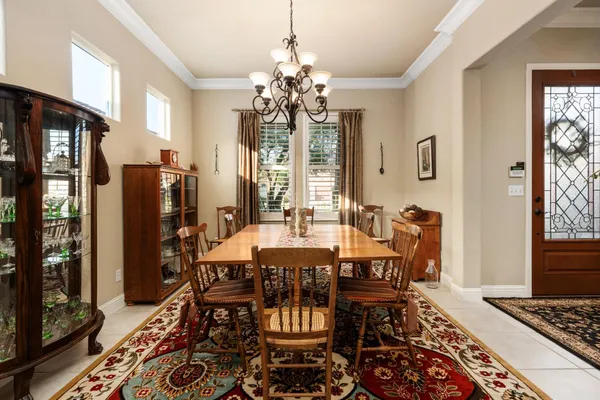 a view of a dining room with furniture