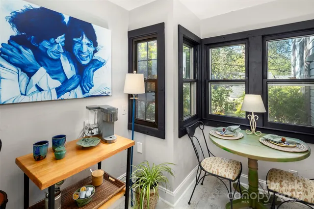a view of a dining room with furniture and window