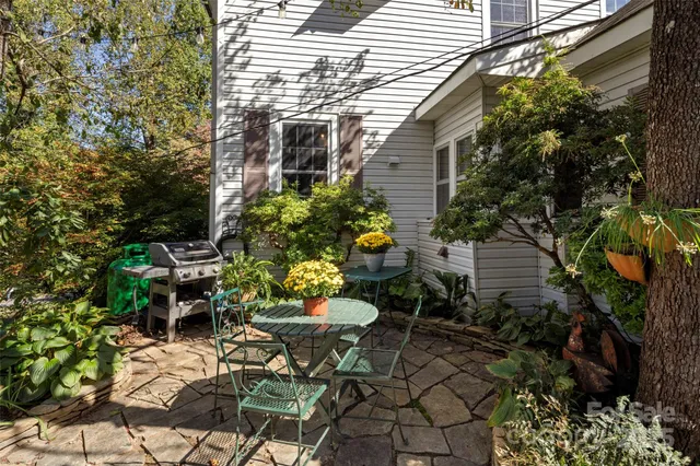 a view of backyard with swimming pool and sitting area