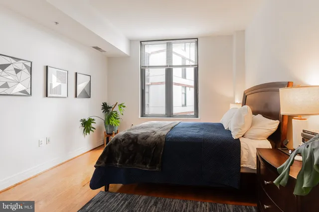 a bedroom with a bed lamp and a potted plant