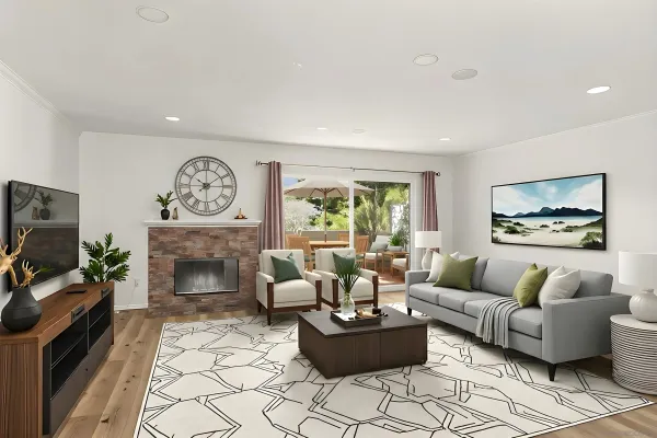 a living room with furniture and a fireplace