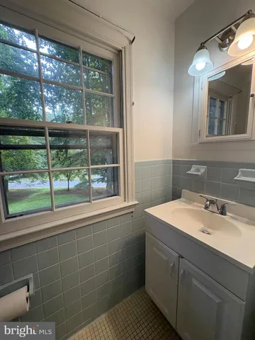 a bathroom with a sink vanity and a mirror
