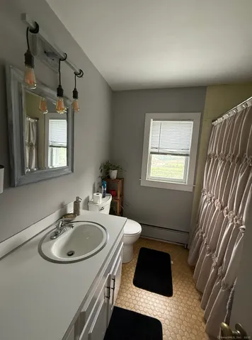 a bathroom with a sink a toilet and mirror