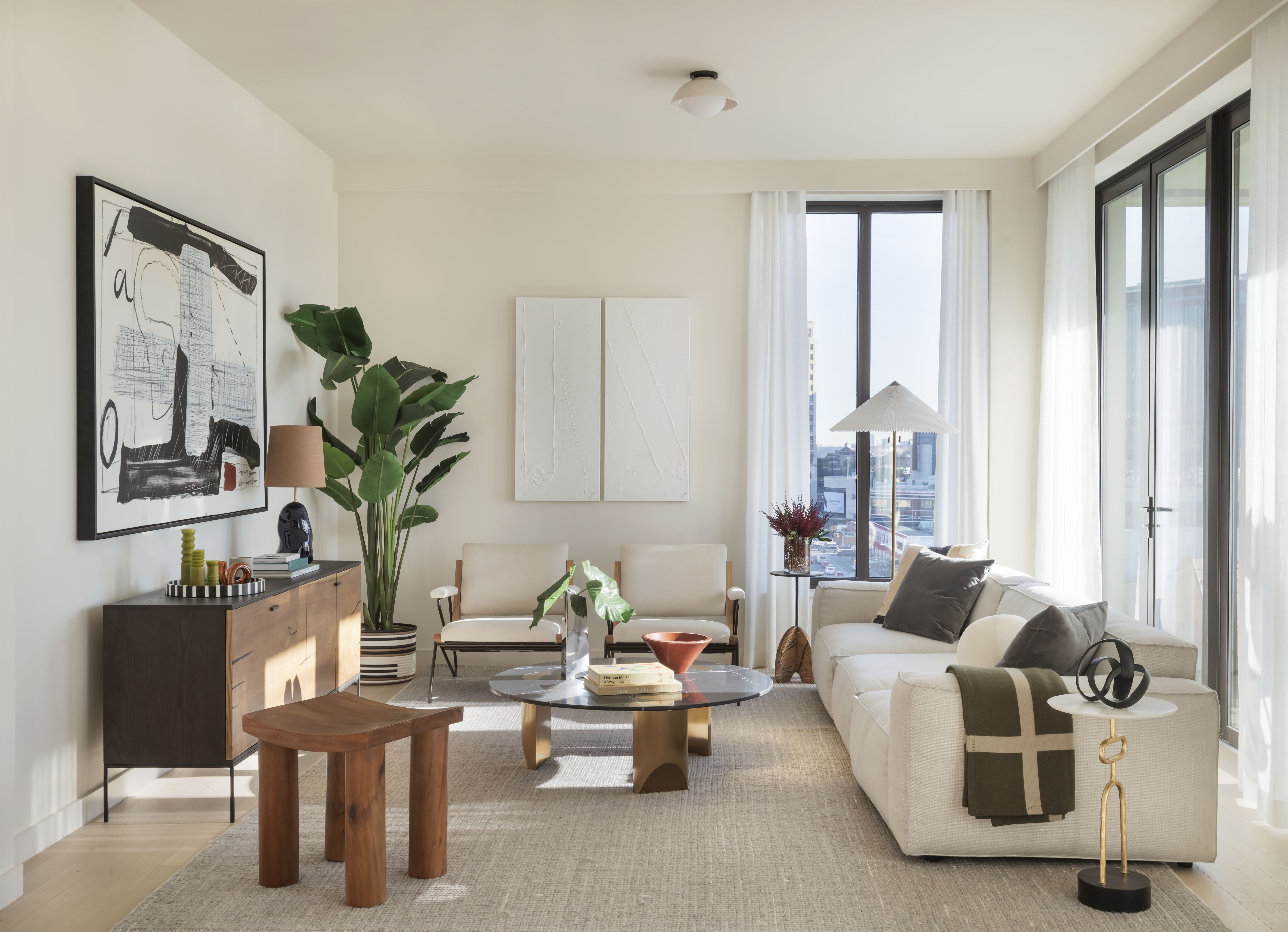 a living room with furniture and a potted plant