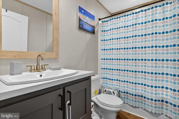 a bathroom with a sink a toilet a shower and a mirror