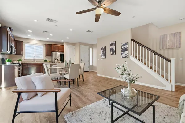 a view of a dining room with furniture