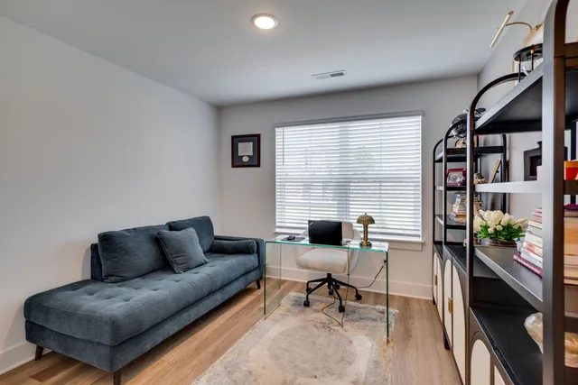 a living room with furniture and a potted plant