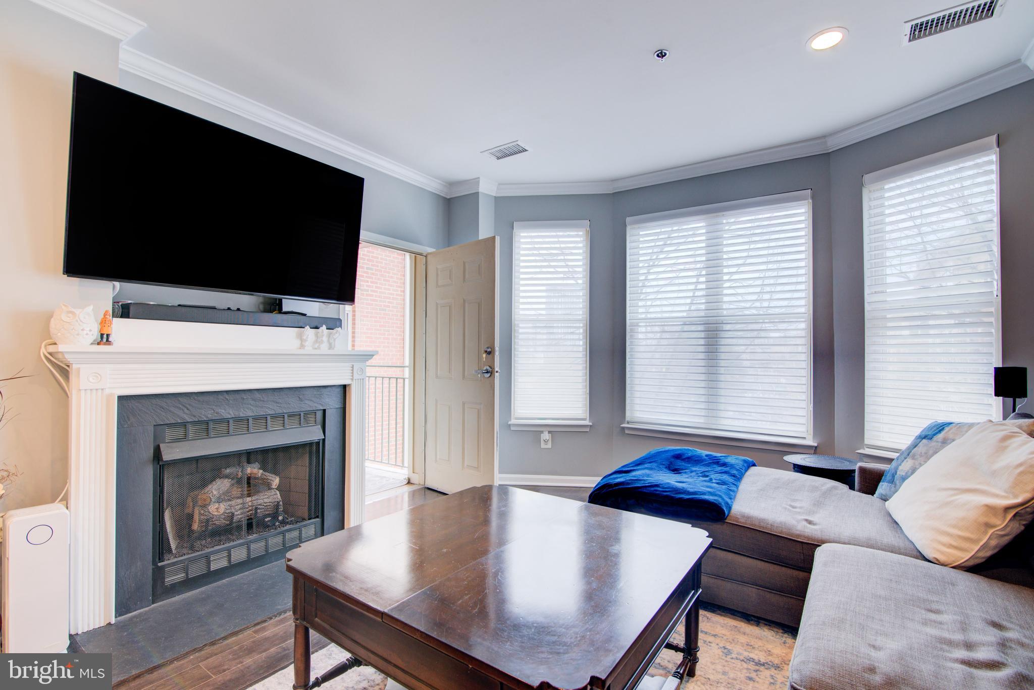 1855 Stratford Park Place, Unit 310 Reston, VA 20190 - Photo 6 of 62 a living room with furniture a flat screen tv and a fireplace