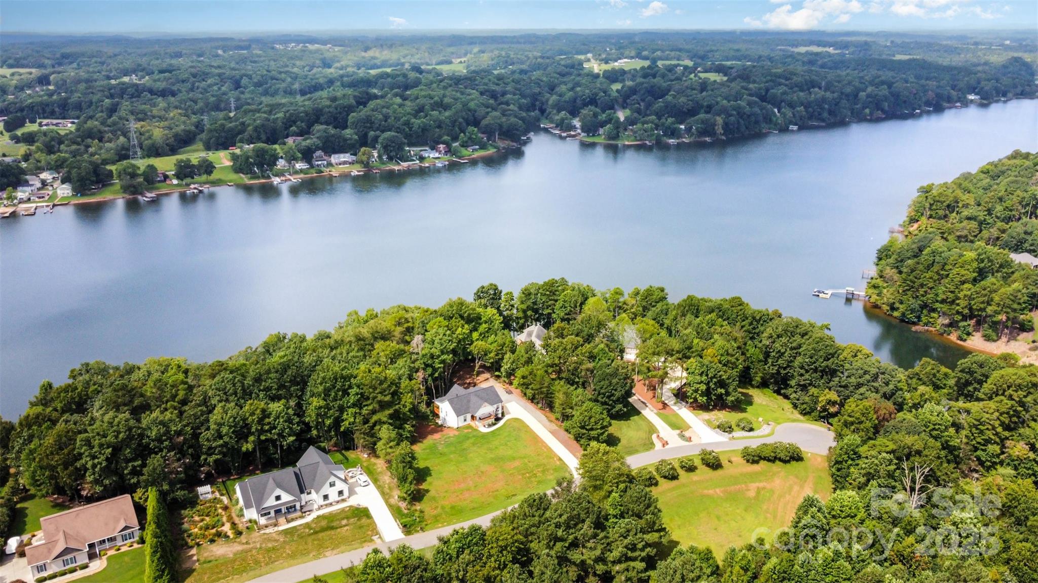 an aerial view of residential houses with outdoor space and lake view