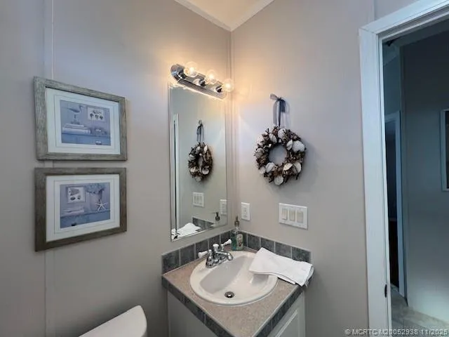 a bathroom with a sink mirror and vanity