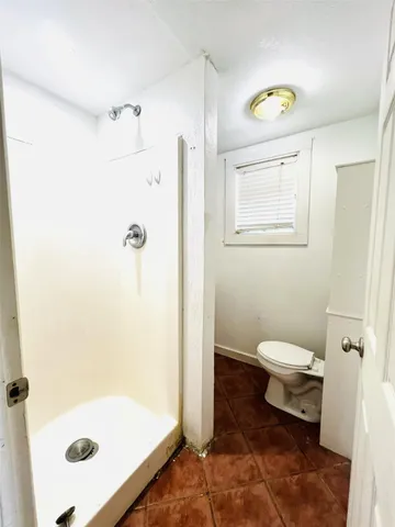 a bathroom with a shower and a toilet