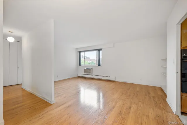 a view of empty room with wooden floor