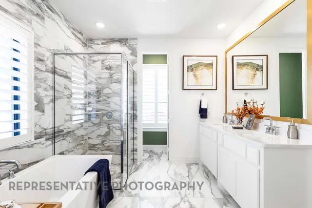 a bathroom with a sink a mirror and a shower