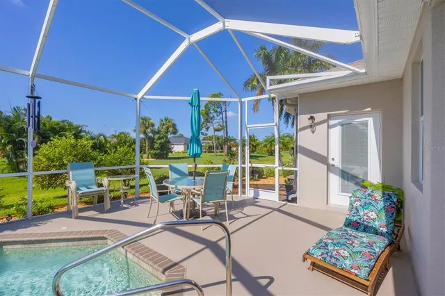 a view of a city with lawn chairs