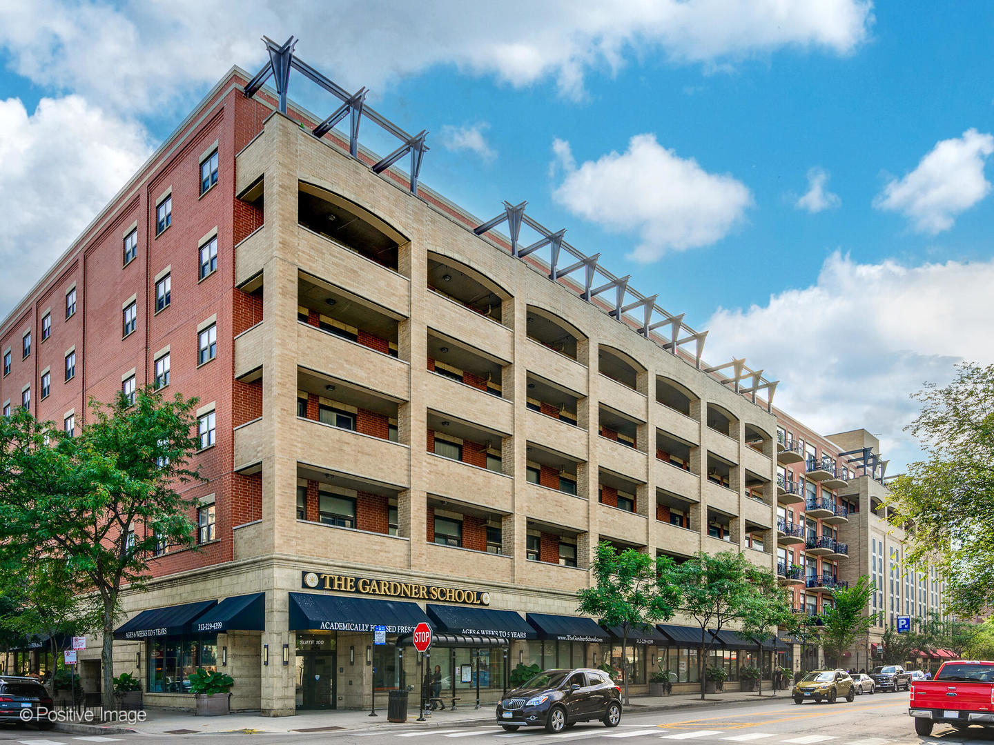 a view of a building and a street