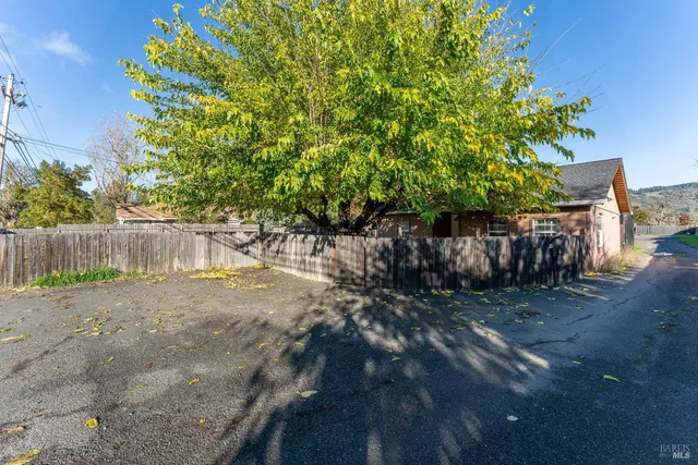 a view of a yard with plants and wooden fence