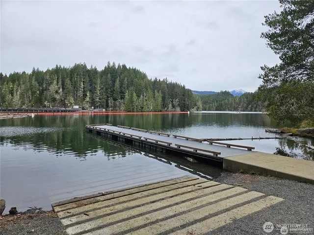 a view of a lake with a yard and a wooden bridge