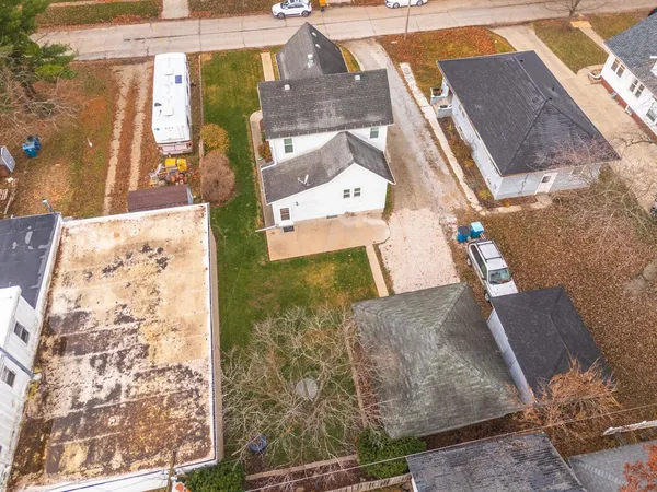 an aerial view of a swimming pool