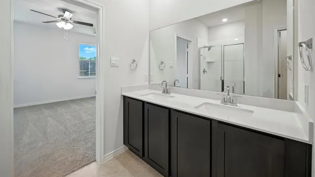 a bathroom with a double vanity sink a mirror and a shower