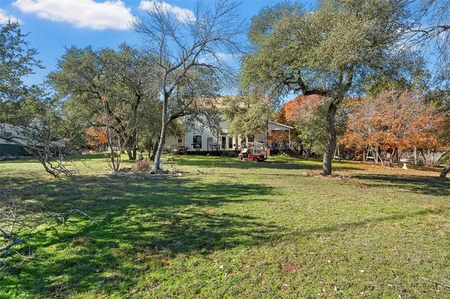a yard with lots of trees and flowers