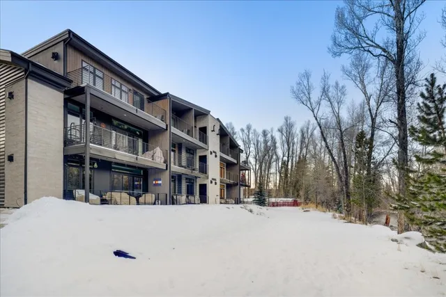 a front view of building with large trees