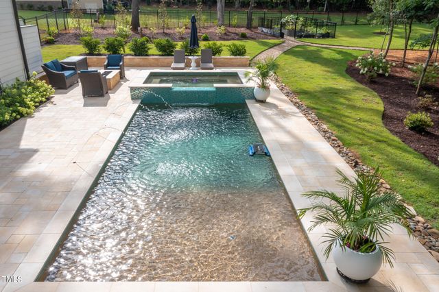 a view of a swimming pool with a garden and plants
