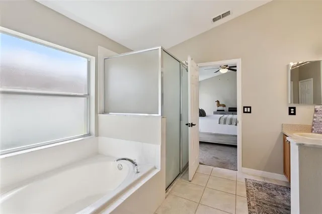 a en suite spacious bathroom with a tub shower and yard