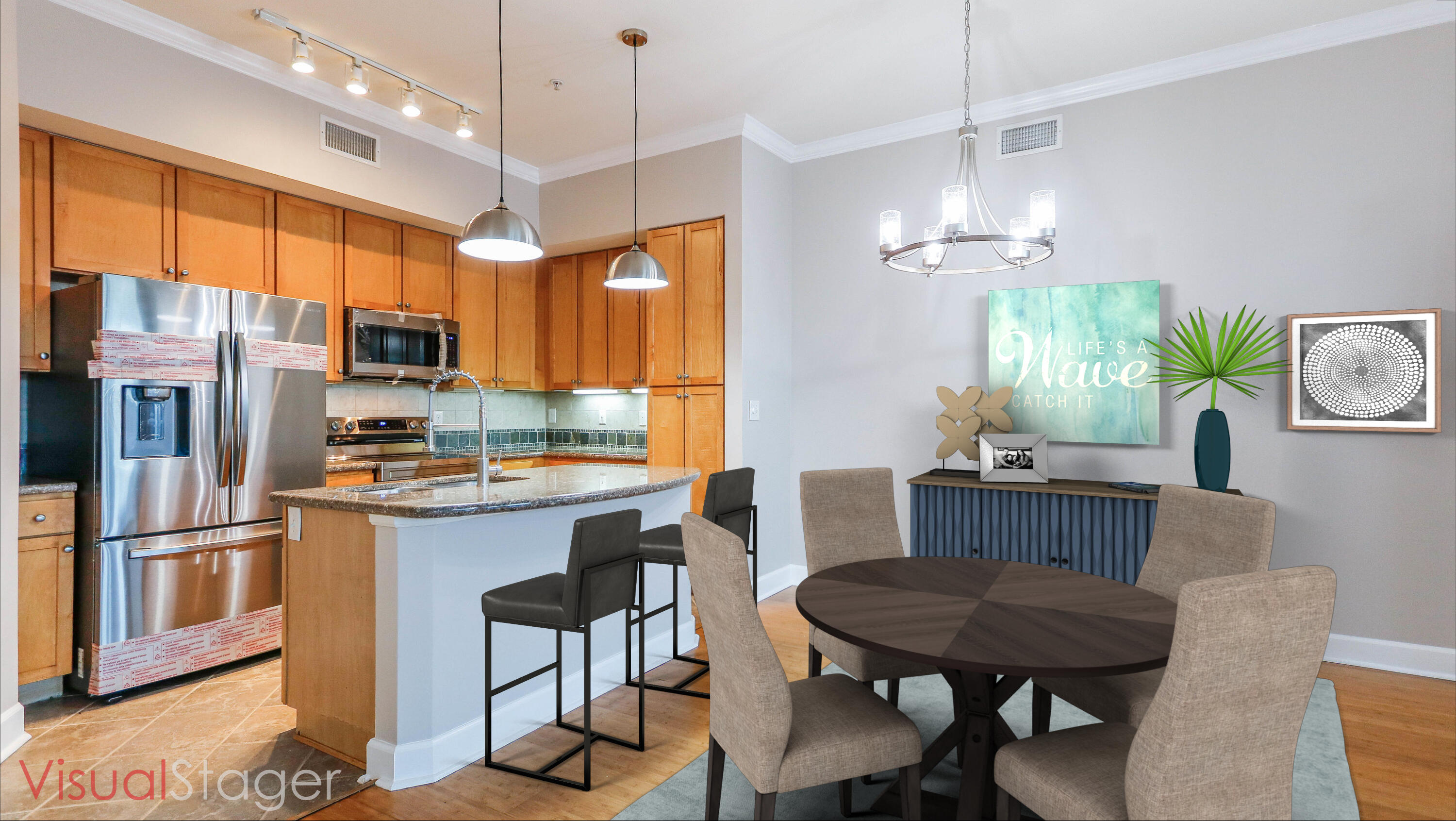 8700 Front Beach Road, Unit 1311 Panama City Beach, FL 32407 - Photo 20 of 65 a kitchen with stainless steel appliances kitchen island granite countertop a table chairs and a refrigerator