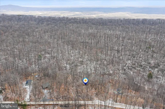 a view of a dry yard with mountains in the background