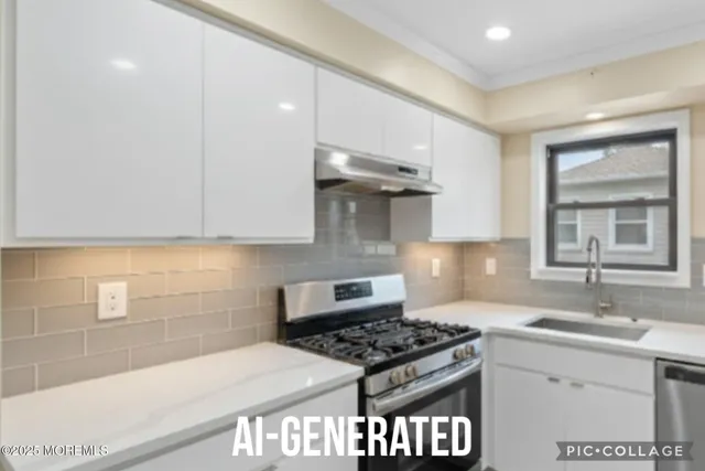 a kitchen with a sink a stove and cabinets