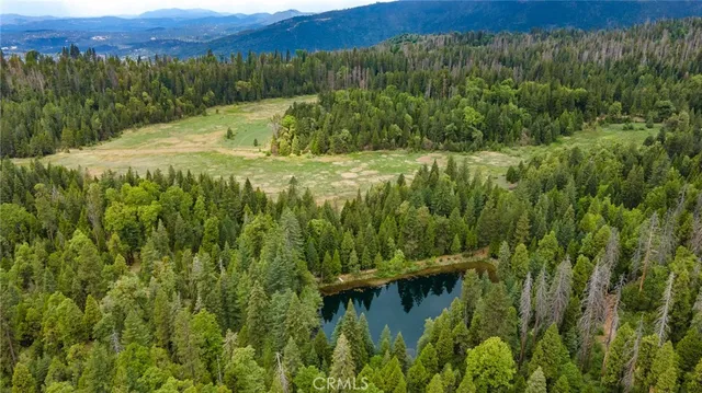 a view of a lake with a field