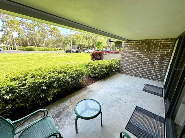 a view of swimming pool with lawn chairs and plants