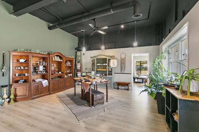 a living room with lots of furniture and potted plants