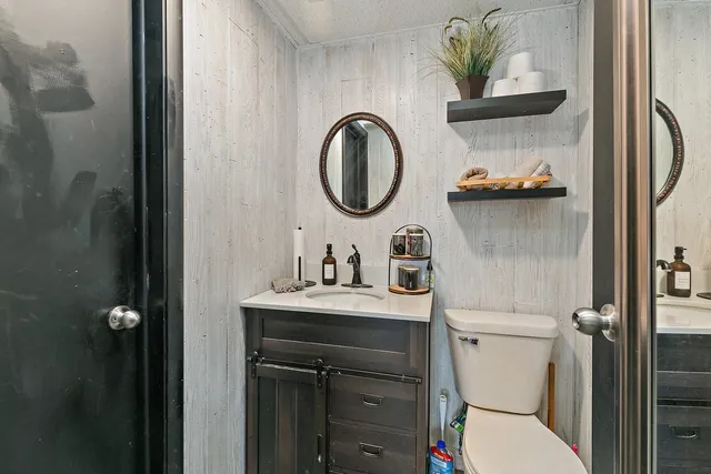 a bathroom with a toilet a sink and mirror