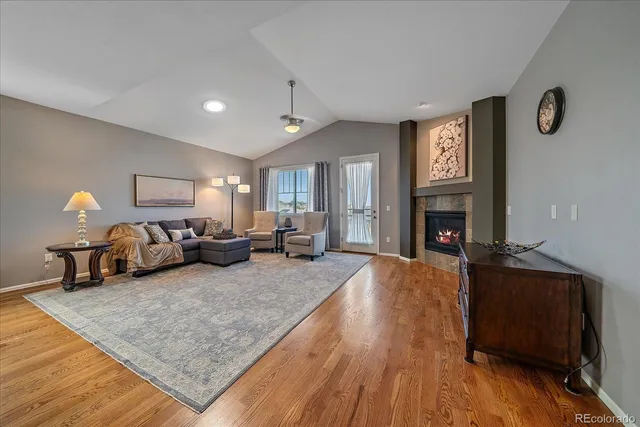 a living room with furniture and a fireplace