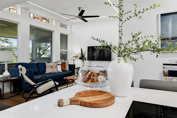 a living room with furniture and a potted plant
