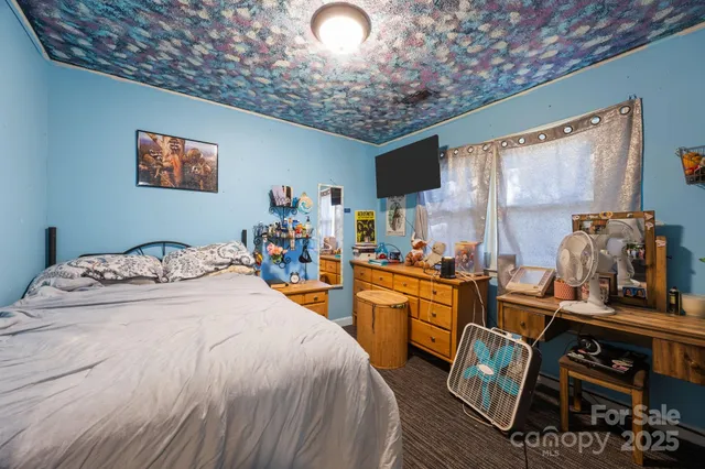 a bed room with a bed and a television