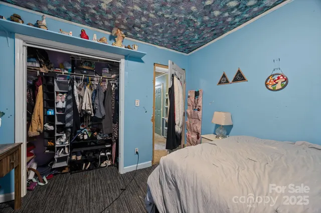 a bedroom with a bed and a closet