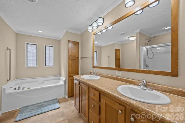 a bathroom with a granite countertop tub double vanity sink and a mirror