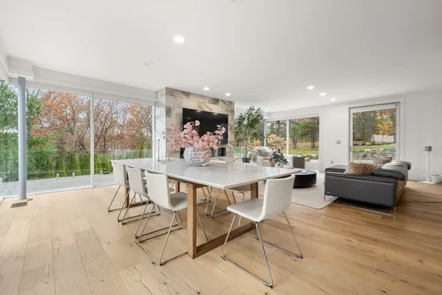 a view of a dining room with furniture wooden floor and a rug