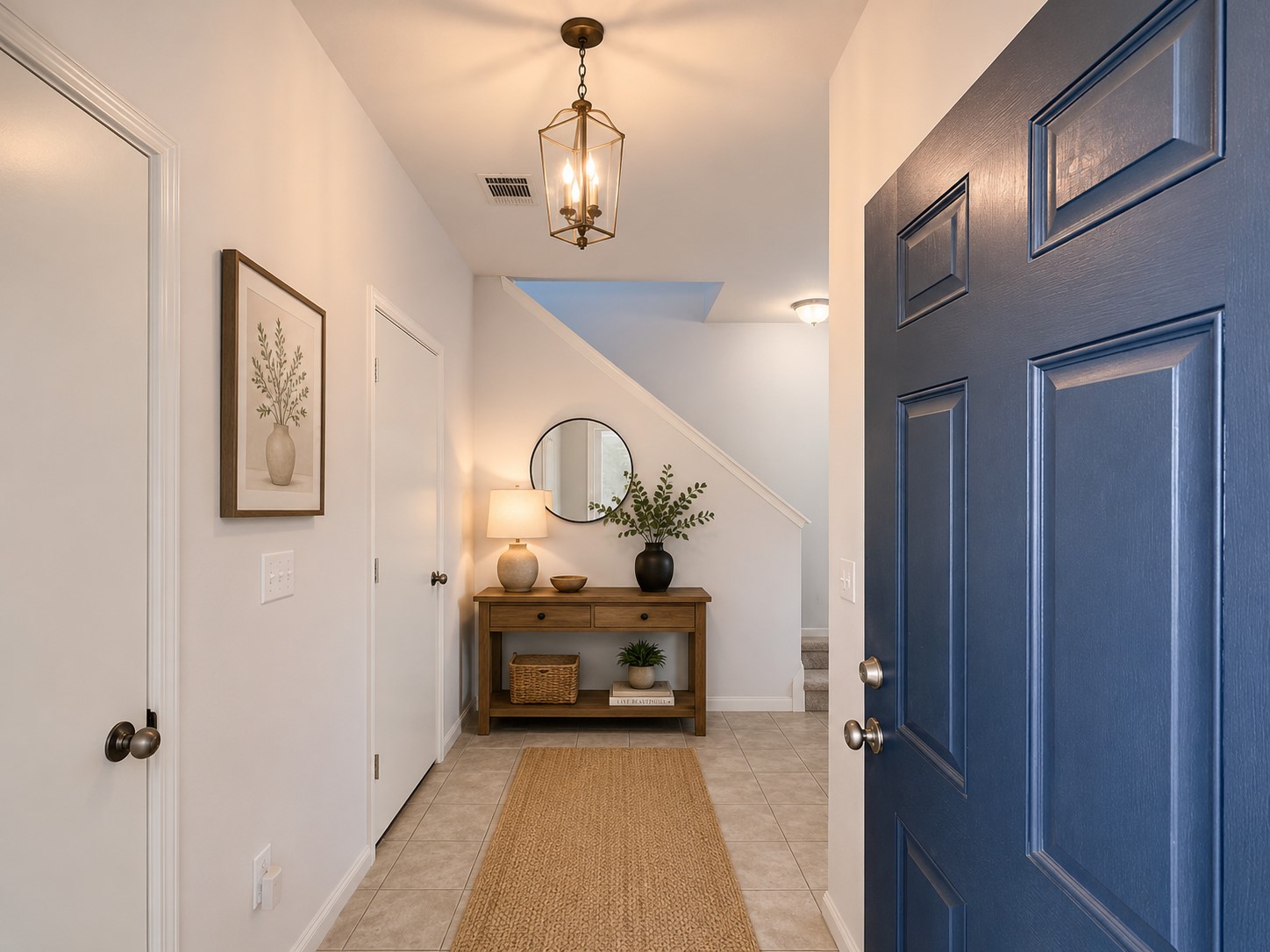 251 Triumph Road Buda, TX 78610 - Photo 5 of 31 A welcoming entryway with a lantern-style light fixture and tile flooring. virtual staging.