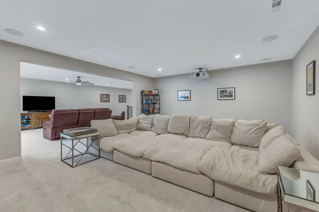 a view of backyard with fireplace and fan