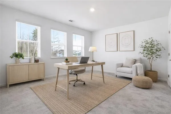 a living room with furniture and a potted plant