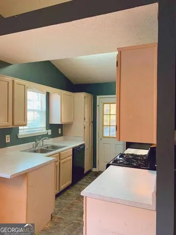 a kitchen with a sink a stove and cabinets