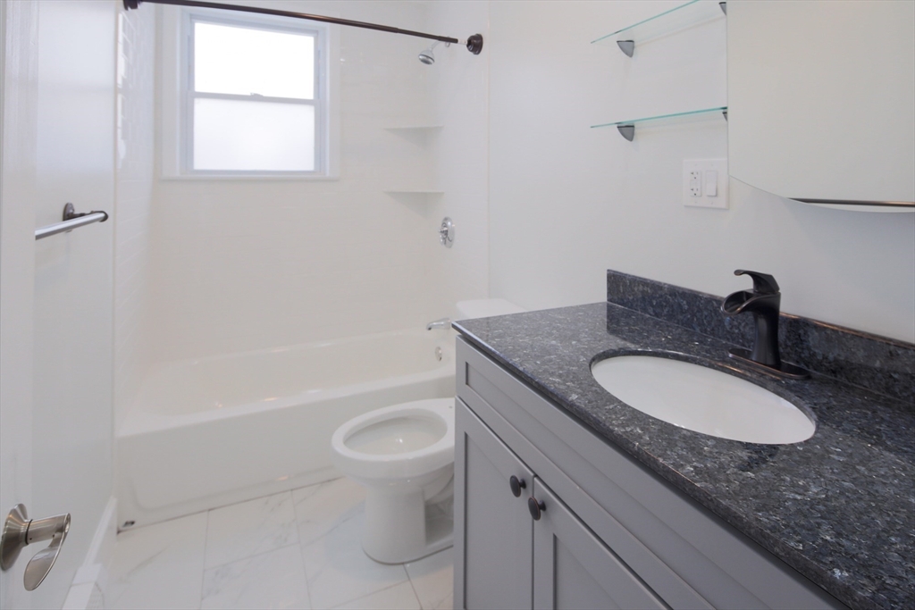 259 Calvary Street, Unit 1 Waltham, MA 02453 - Photo 26 of 27 a bathroom with a granite countertop sink toilet a mirror and shower