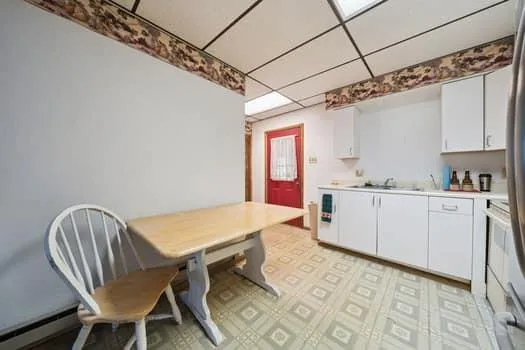 a view of a dining room with furniture