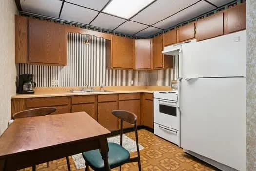 a kitchen with a refrigerator a sink and cabinets